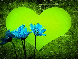 cuore verde fosforescente e fiori blu